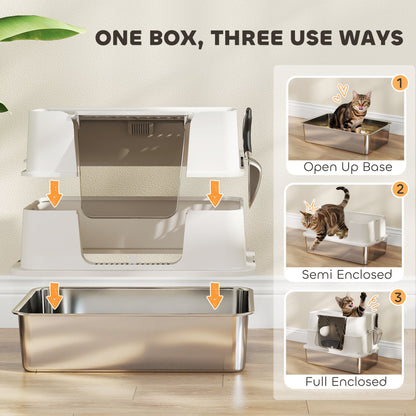PawHut XL Stainless Steel Litter Box w/ 100Â° Flip Top, Scoop, Side Top Dual Entry, Odor Free, Easy Cleaning, Anti Leakage