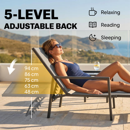 Outsunny Sun Loungers Set of 2 Retractable Footrest 5-Position Adjustable Steel Frame for Beach, Porch, Patio, Camping, Dark Grey
