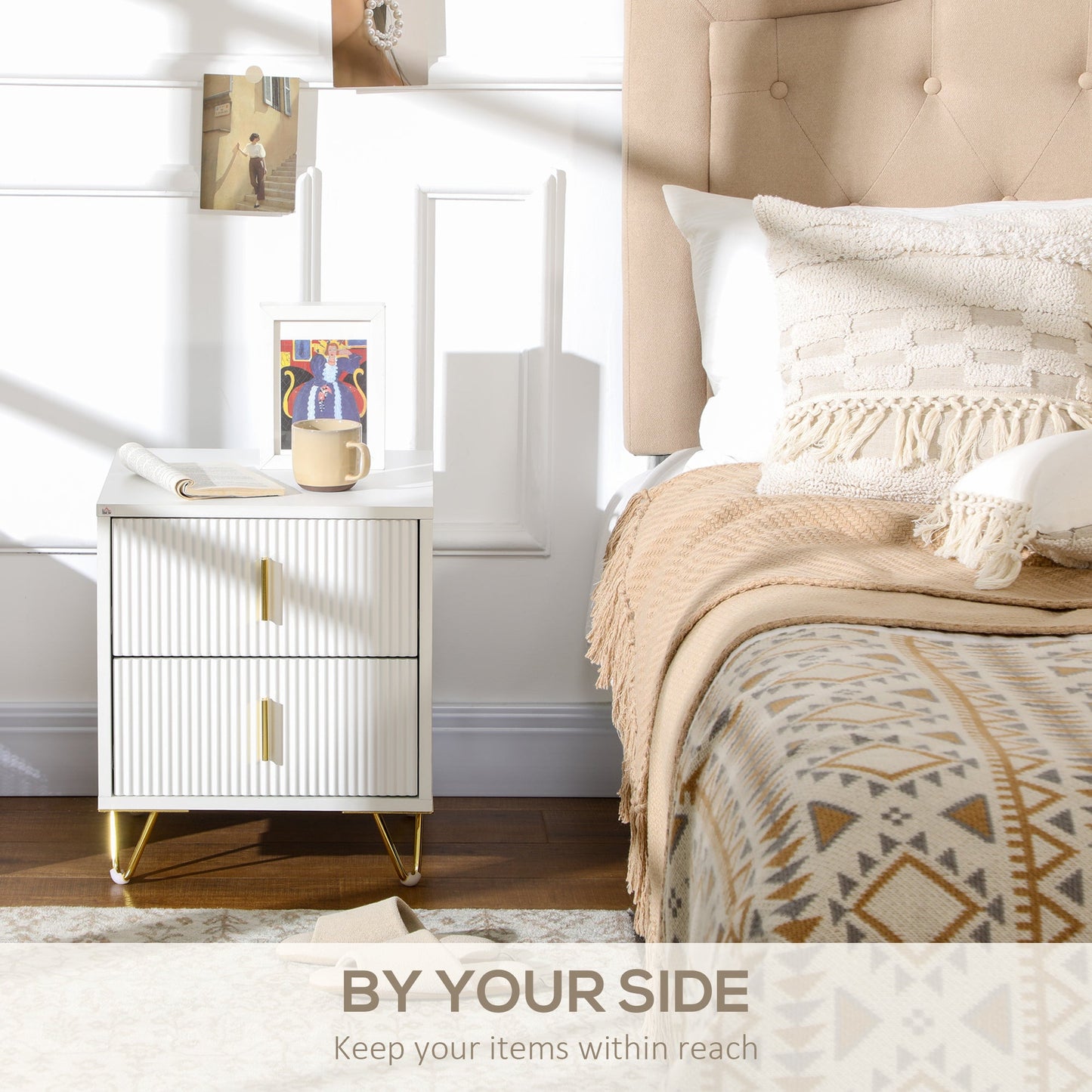 Set of 2 Elegant Chest of Two Drawers - White/Gold-Tone