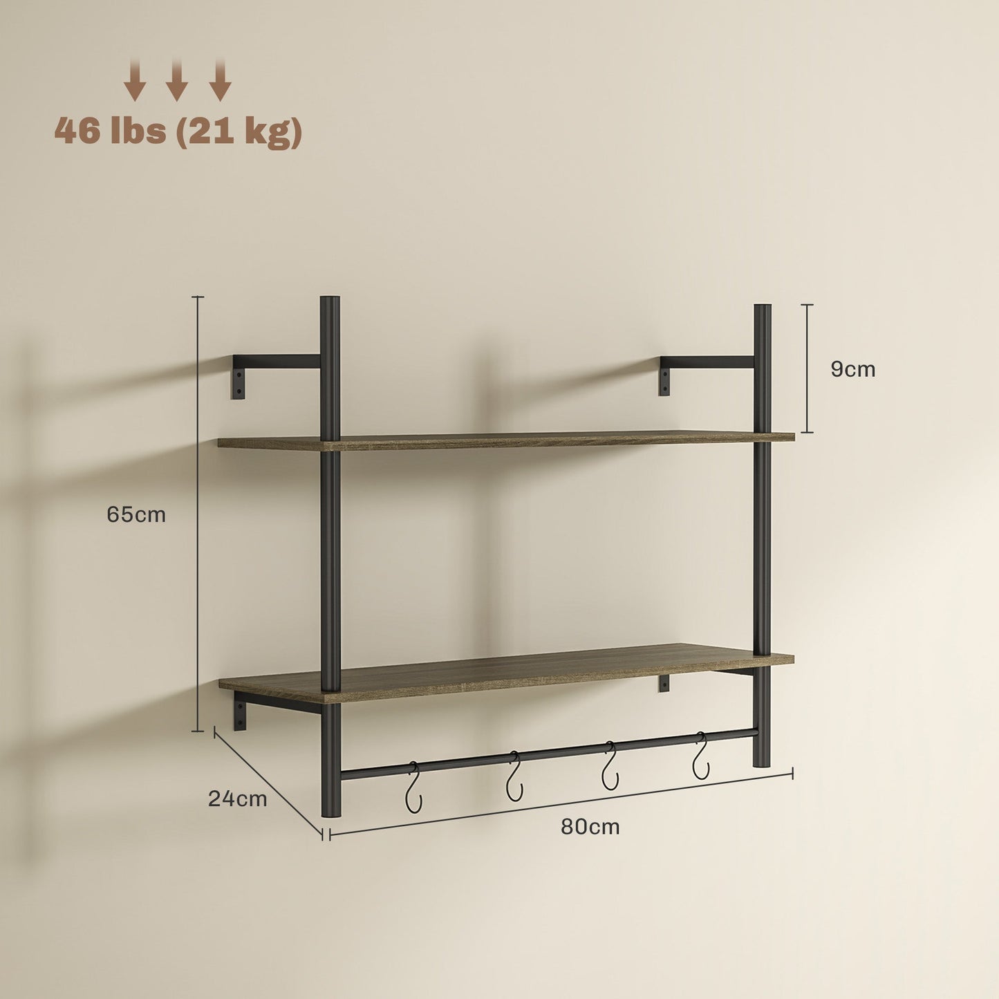 HOMCOM Wall Mounted Floating Shelves with 4 Hooks, Rustic Wall Shelf Unit for Living Room, Entryway, Grey
