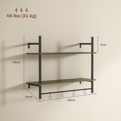 HOMCOM Wall Mounted Floating Shelves with 4 Hooks, Rustic Wall Shelf Unit for Living Room, Entryway, Grey
