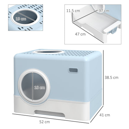 PawHut Enclosed Cat Litter Box, with Lid, Front Entry, Top Exit, Pull-Out Tray, Scoop - Blue