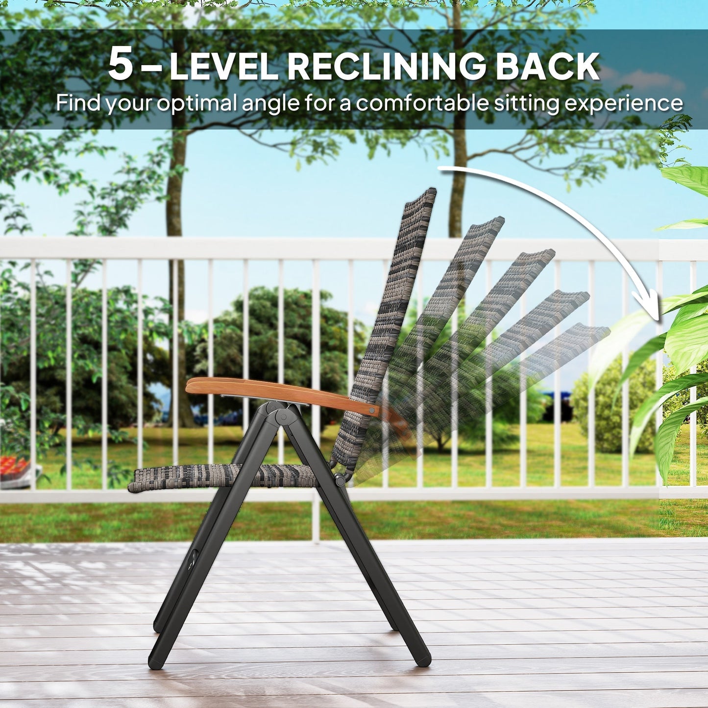 Outsunny Folding Rattan Garden Dining Chair with 5-level Reclining High Back, Wood Armrests for Outdoor, Patio - Mixed-grey