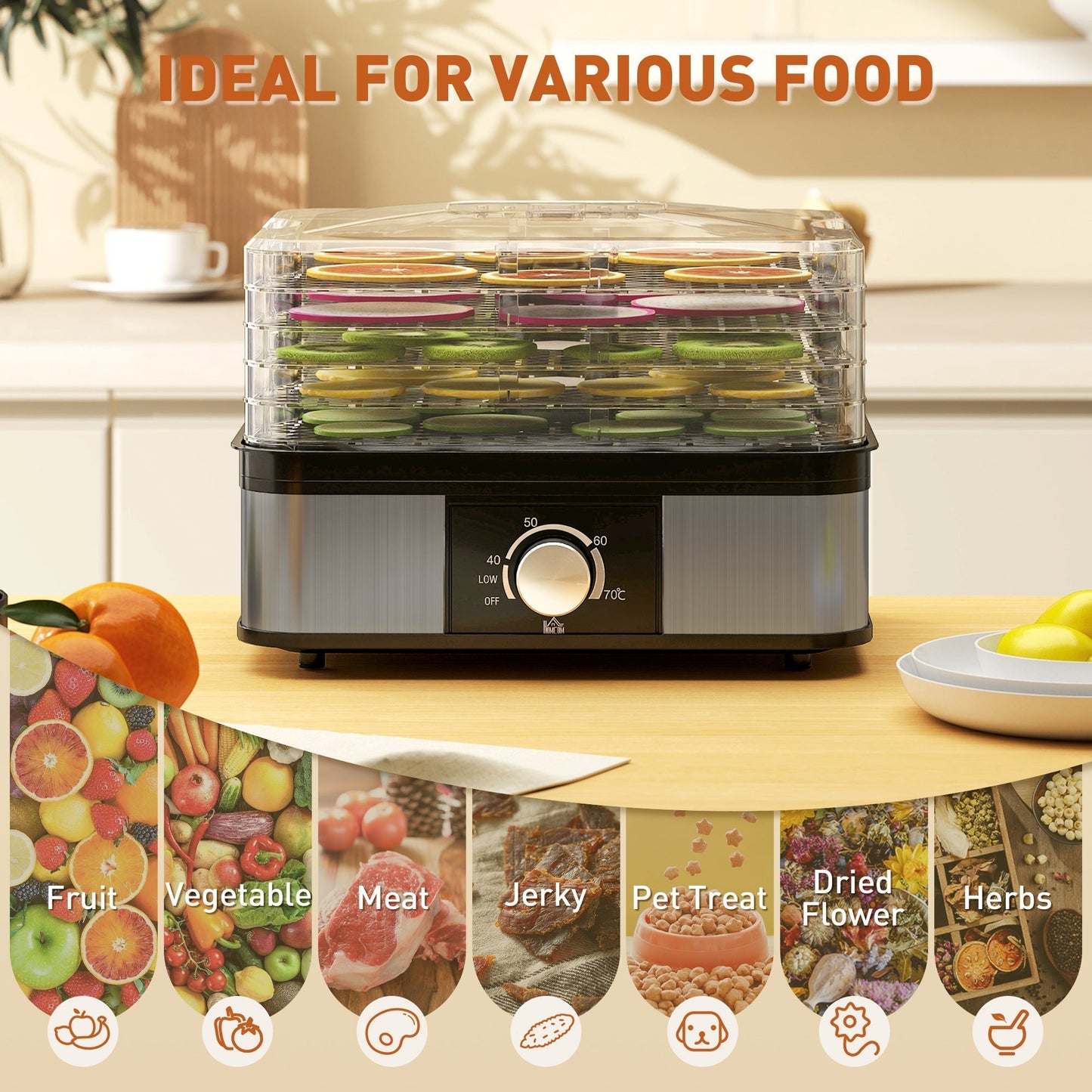 HOMCOM 5 Tier Food Dehydrator, 245W Stainless Steel Food Dryer Machine with Adjustable Temperature for Drying Fruit, Meat, Vegetable, Jerky and Pet Treat, Black