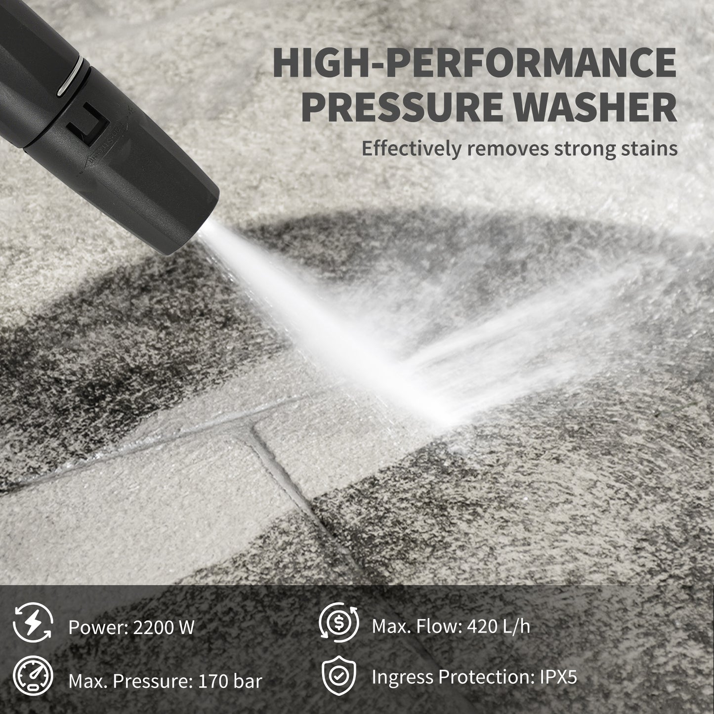 Outsunny 2200W HighÂ Pressure Washer, 170 Bar Pressure Washer with Adjustable Nozzle and 6M Hose, 33 x 31.5 x 80.5 cm, Yellow