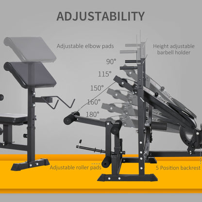 HOMCOM Weight Bench with Adjustable Barbell Rack, Leg Extension, Preacher Curl Pad and 20kg Barbell Set