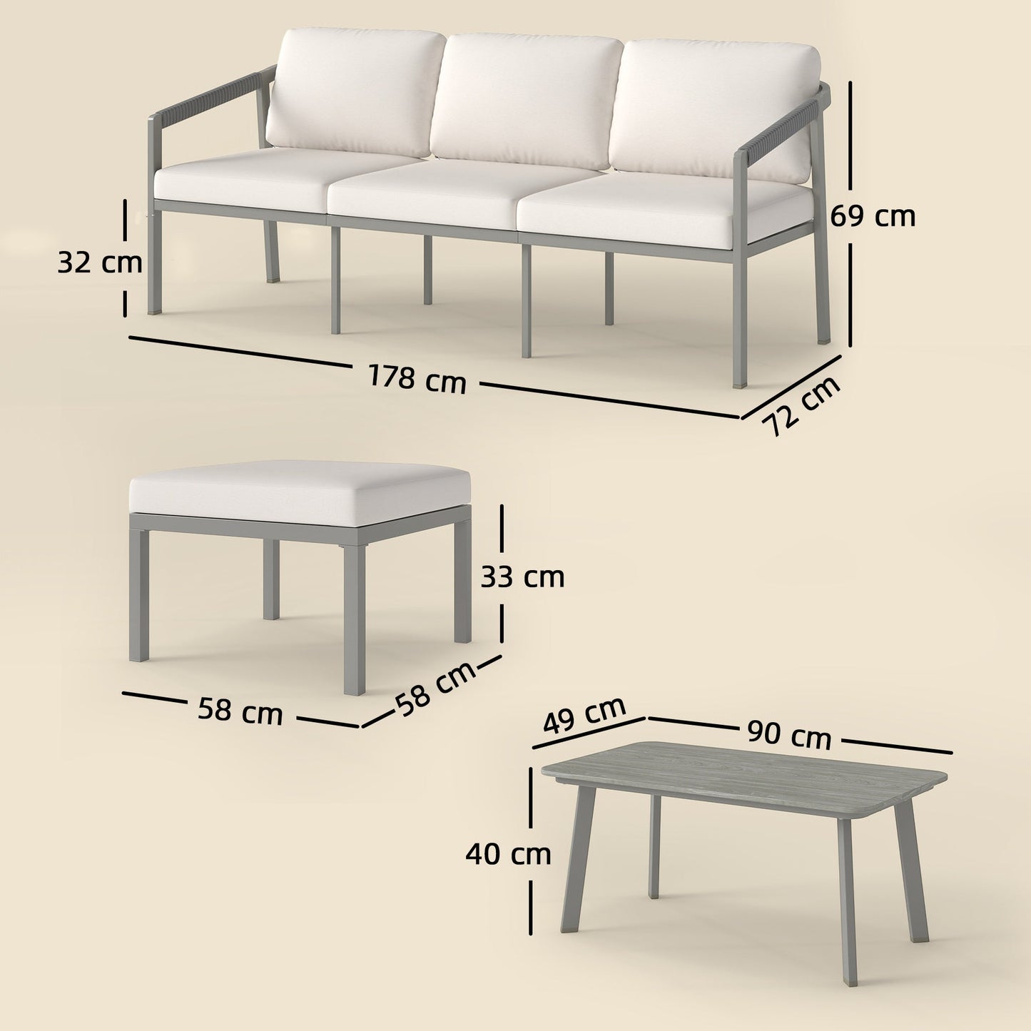 Outsunny 3 Piece Garden Dining Set, Outdoor Patio Furniture with 3 Seater Sofa, Footstool, Coffee Table and Cuhsions