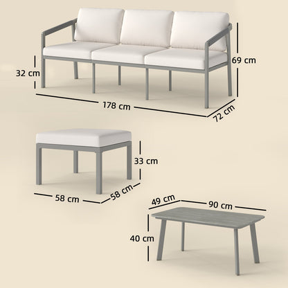 Outsunny 3 Piece Garden Dining Set, Outdoor Patio Furniture with 3 Seater Sofa, Footstool, Coffee Table and Cuhsions