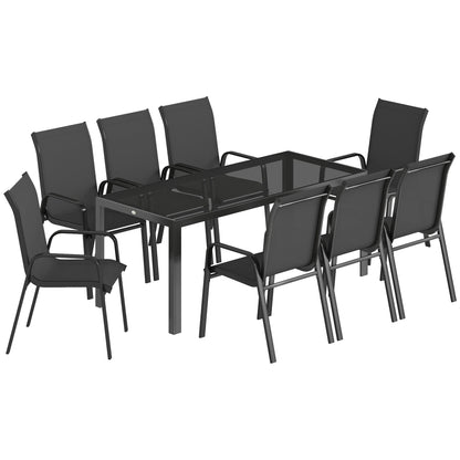 Outsunny 9 Pieces Garden Dining Set, Outdoor Table and Chairs Set for 8, Garden Furniture Set with Tempered Glass Top, Black