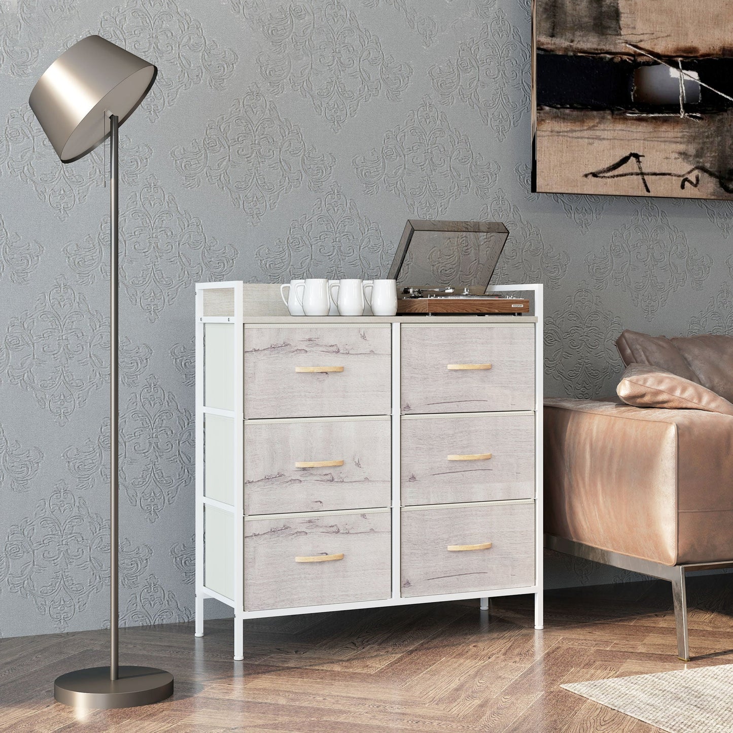 HOMCOM Rustic Chest of Six Fabric Drawers - Natural