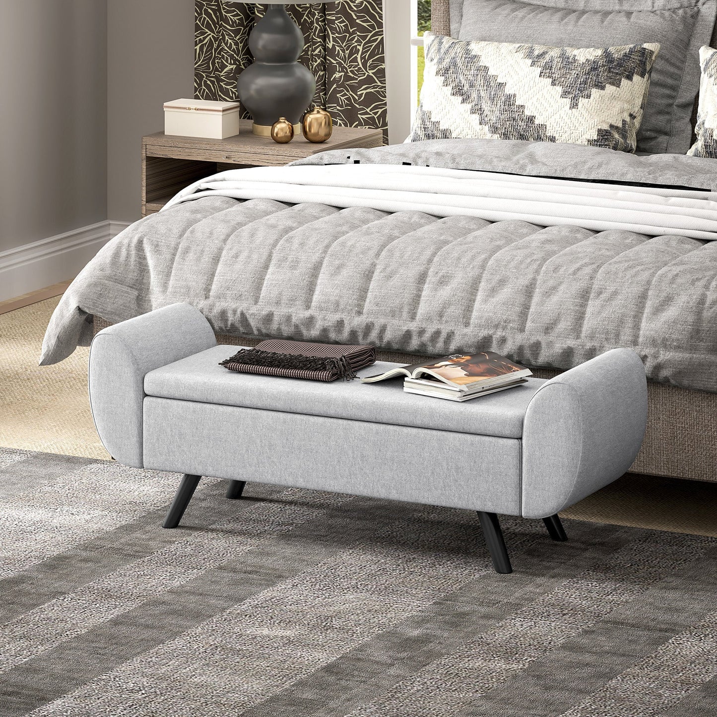 HOMCOM Storage Ottoman with Armrest, Upholstered Linen Storage Bench, Window Seat with Rubberwood Legs, Footstool for Bedroom Living Room, Hallway, Light Grey