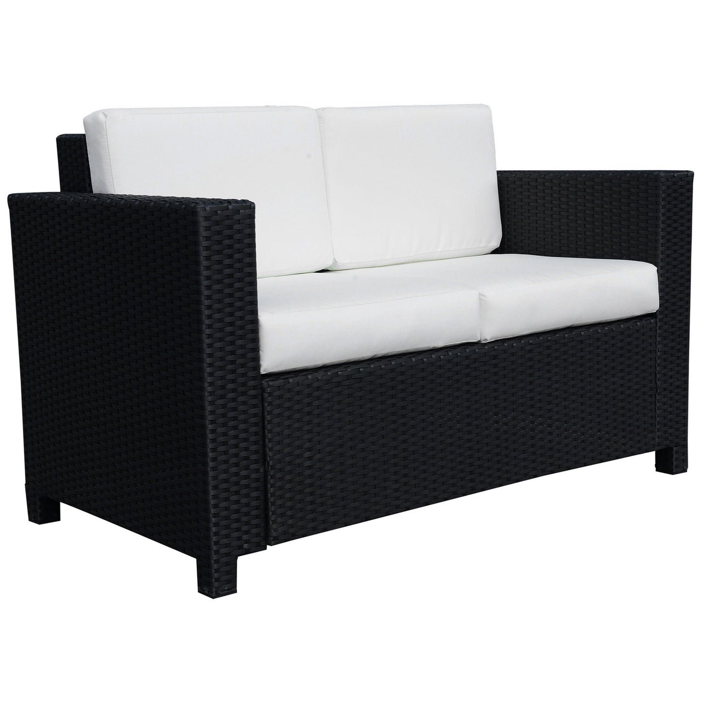 Outsunny Rattan Sofa, 2 Seater Garden Furniture with Soft Padded Cushion and Armrests, Wicker Garden Loveseat for Patio, Black