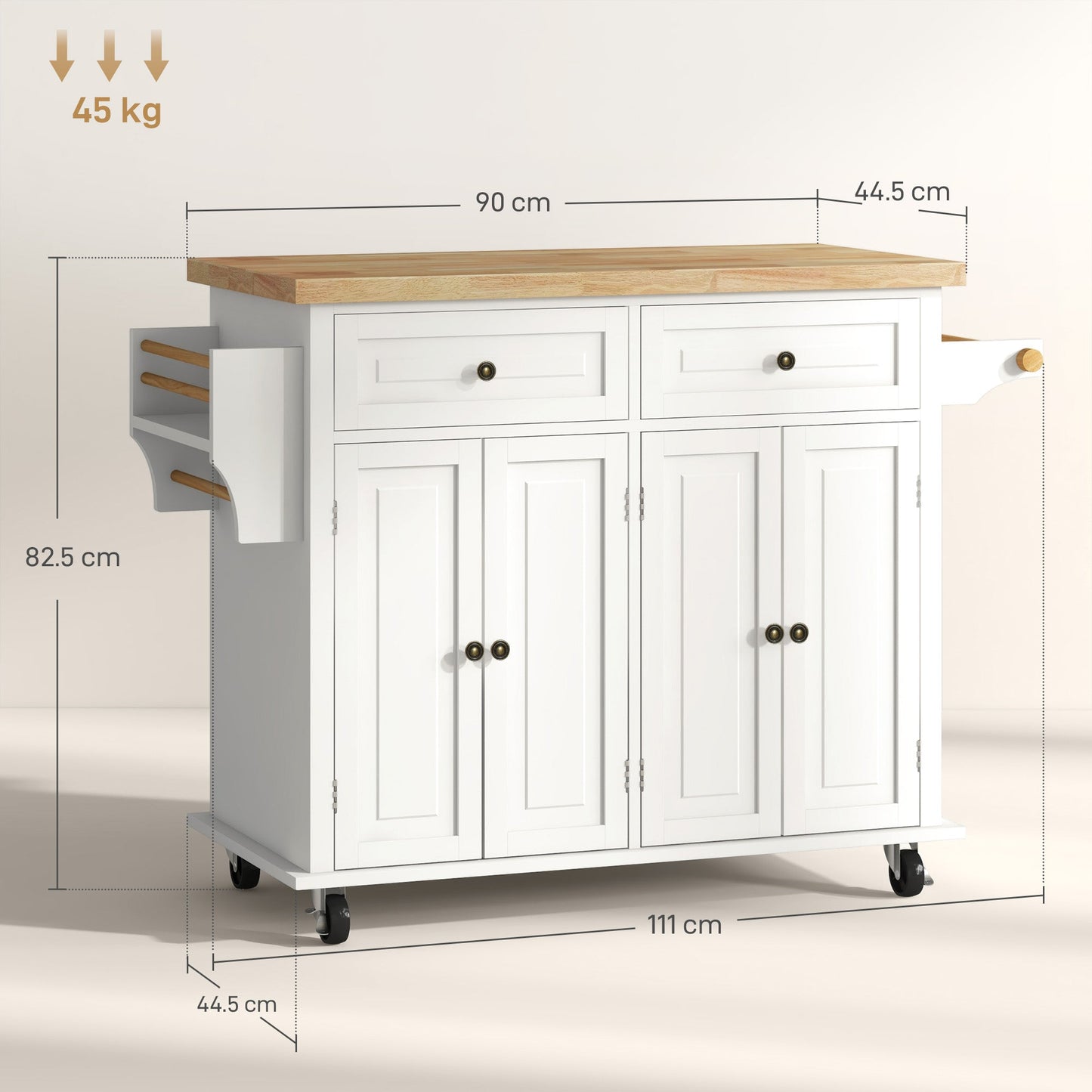 HOMCOM Rolling Kitchen Island Storage Trolley with Rubber Wood Top & Drawers for Dining Room, Cream White