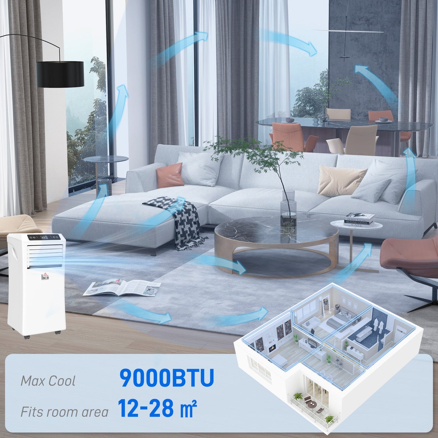HOMCOM 9000 BTU Air Conditioning Unit, 3-in-1 Portable Air Conditioner, Dehumidifier, Cooling Fan with Remote Control, Digital Display, 2 Speeds, 24H Timer, Window Venting Kit, 28m_