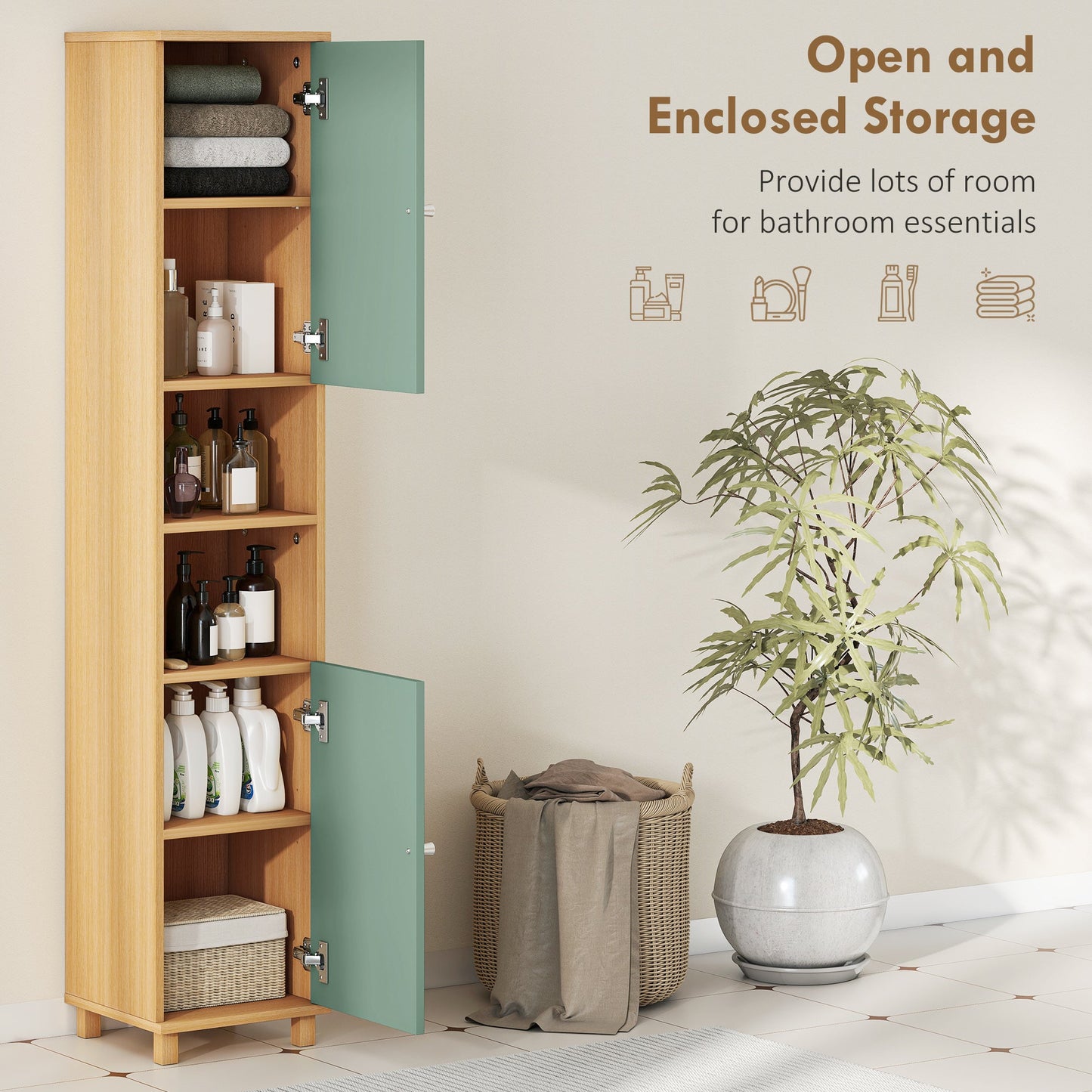HOMCOM Bathroom Cabinet with Adjustable Shelves and Open Shelves - Green