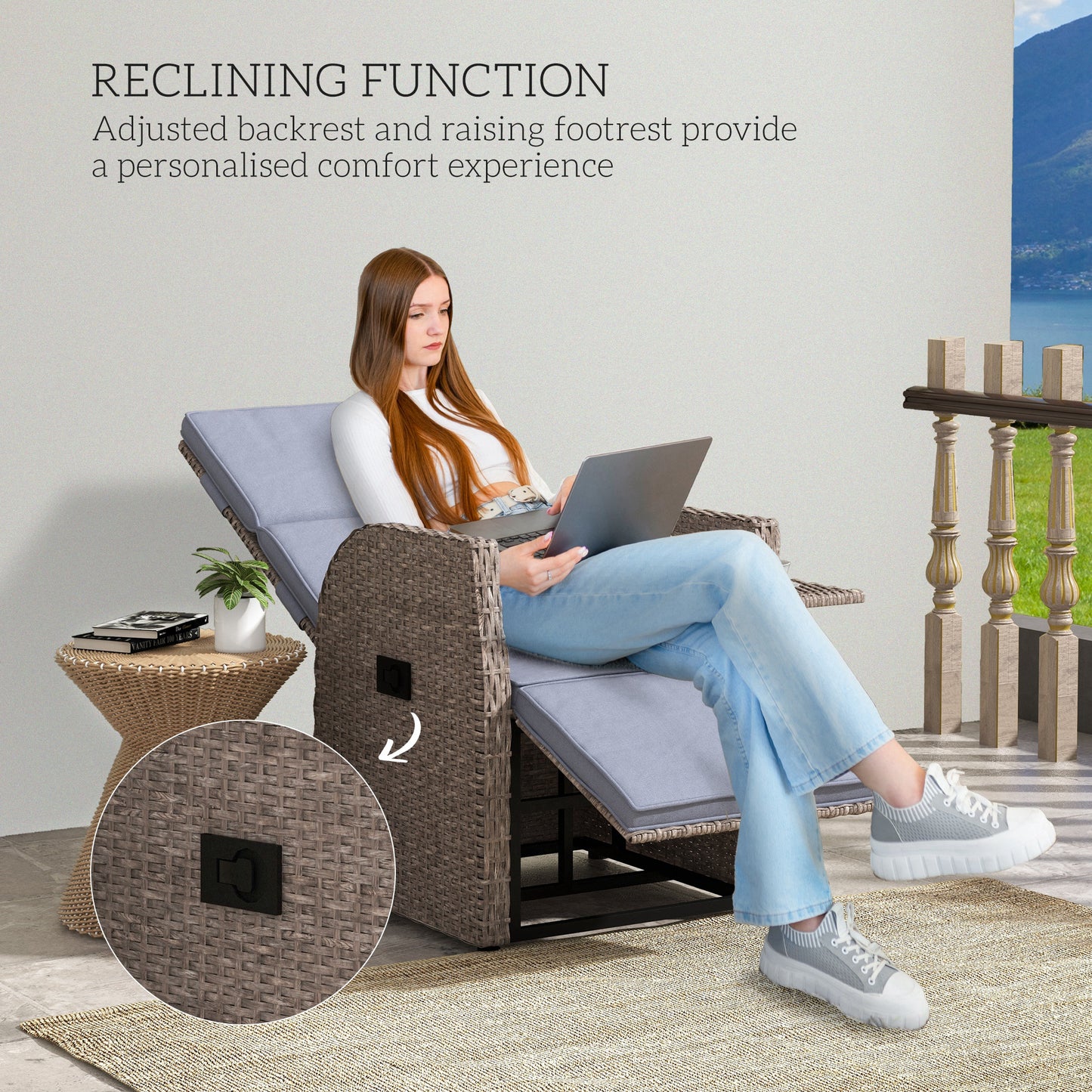 Outsunny 148Â° Reclining Rattan Garden Armchair, with Footrest - Brown/Grey