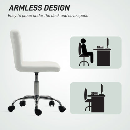 HOMCOM PU Leather Armless Office Chair, Modern Vanity Computer Swivel Chair with Rolling Wheels and Adjustable Height for Home Study, Bedroom, White