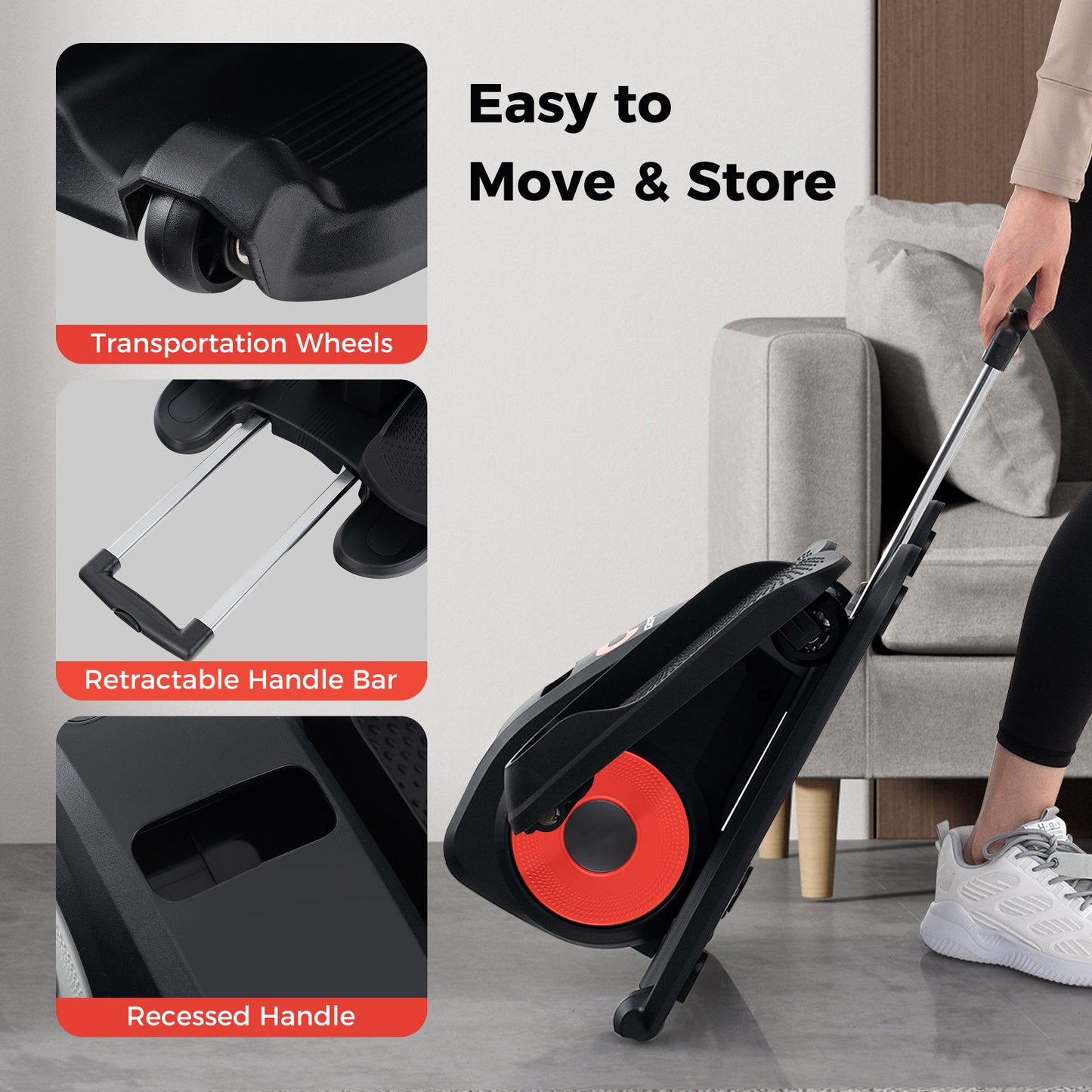 Under Desk Elliptical Machine with Display Screen and Remote Control-Red