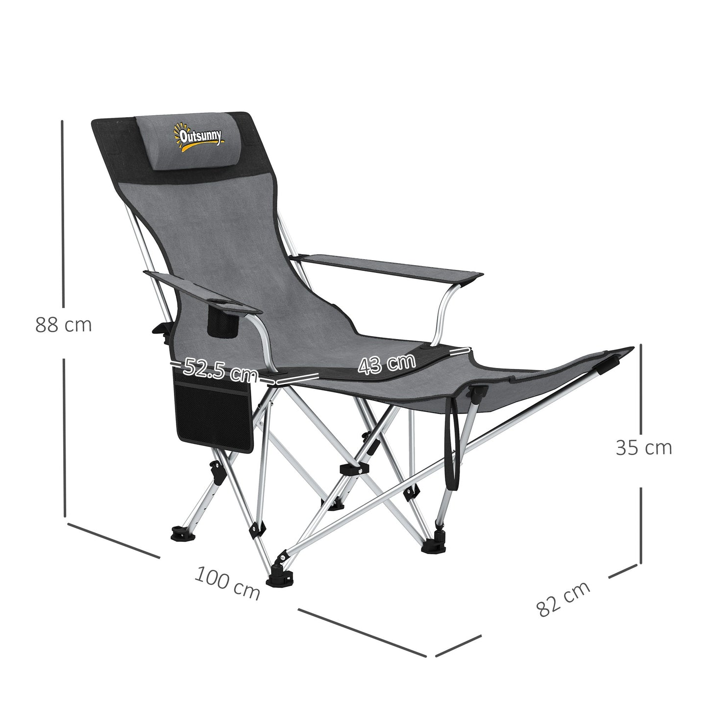 Outsunny Set of 2 Reclining Folding Camping Chair w/ Detachable Footrest, Storage Bag, Cup Holder & Headrest, Lightweight Portable Camp Chair for Beach, Picnic, Grey and Black