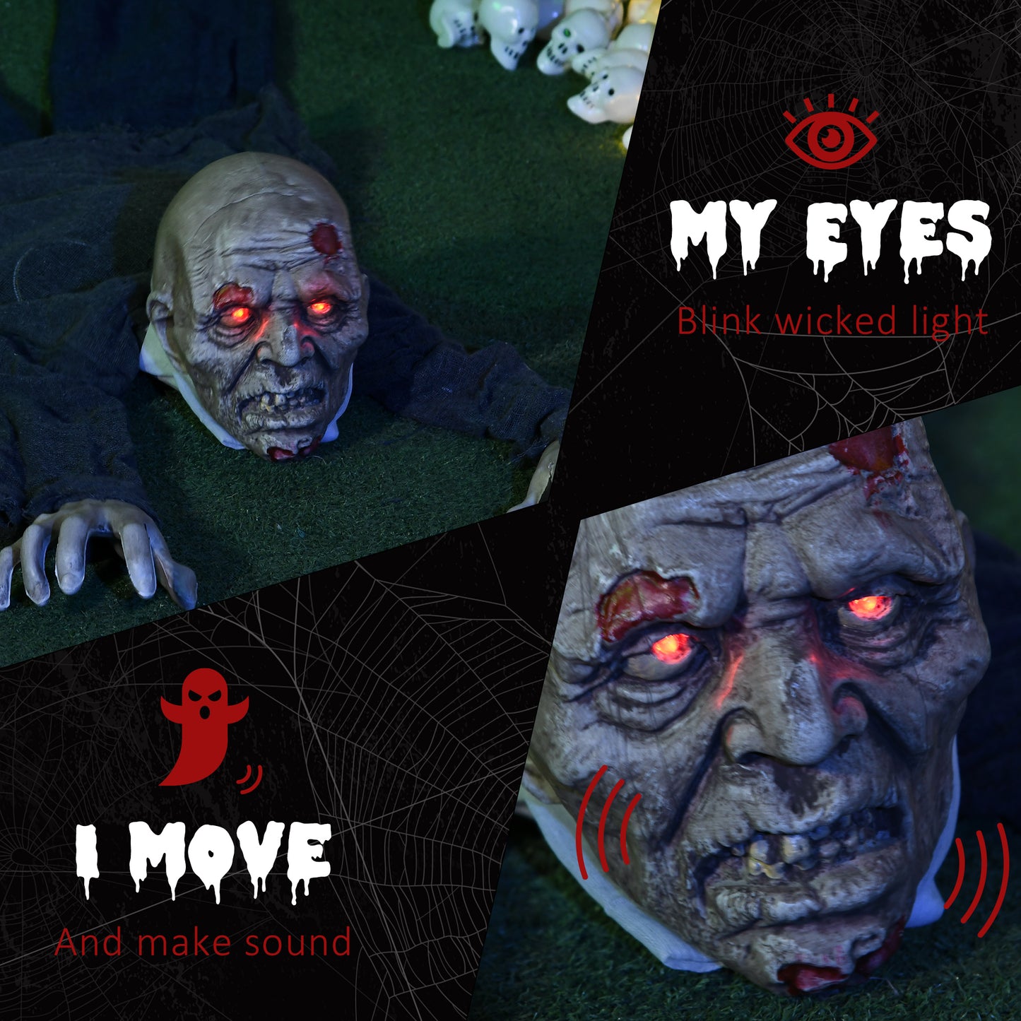 HOMCOM 5.2ft Life Size Outdoor Halloween Decoration Crawling Zombie, Animated Prop Decor with Sound and Motion Activated, Light Up Eyes, Howling Sound, Posable Arms