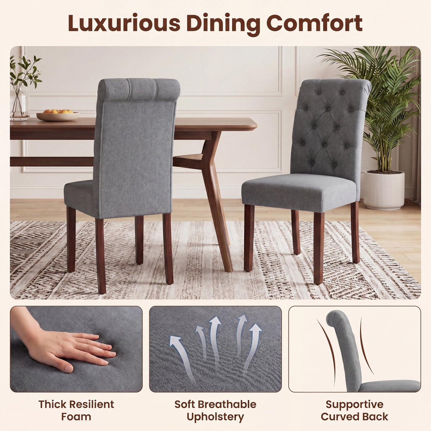 Upholstered Dining Chairs Set of 2 Button Tufted Chairs with Padded Seat and Backrest-Grey