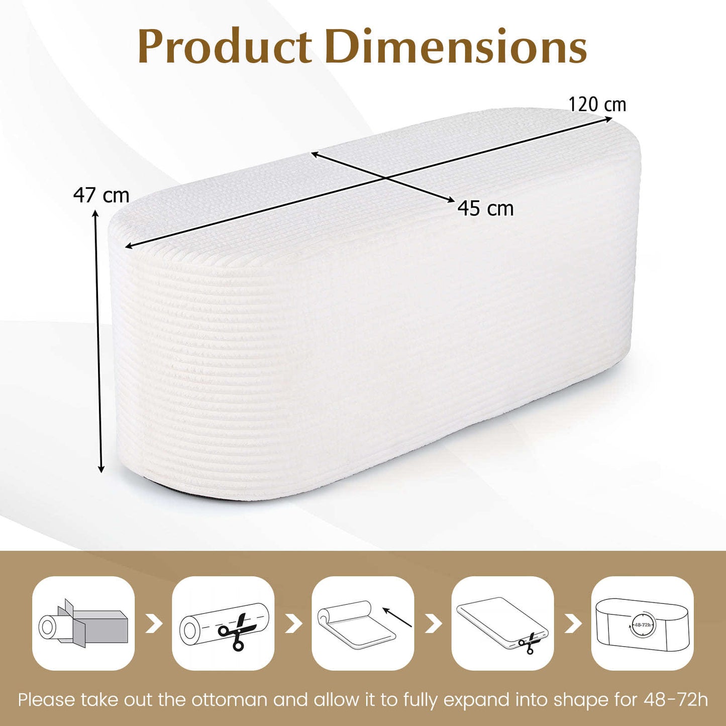 Upholstered Ottoman Bench 120CM Modern End of Bed Stool with Corduroy Fabric-White