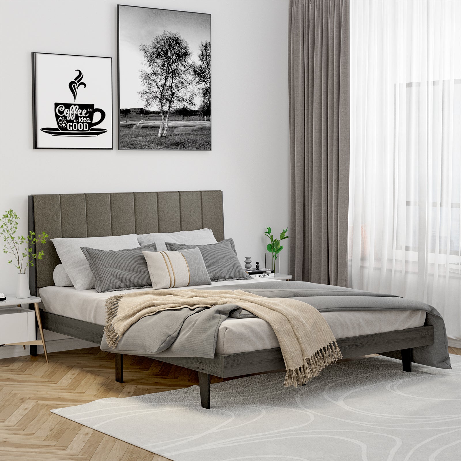 Upholstered Bed Frame Wooden Slats Support Mattress Foundation