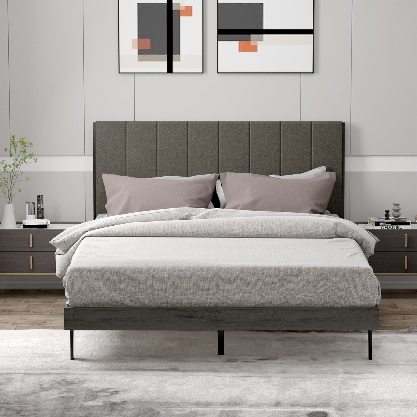 Upholstered Bed Frame Wooden Slats Support Mattress Foundation