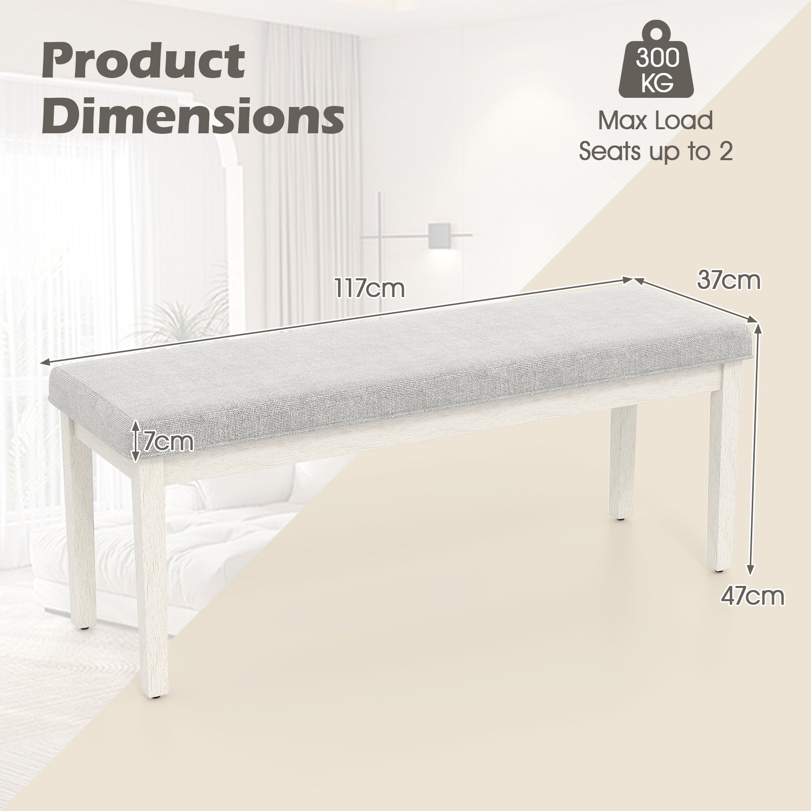 Upholstered Dining Bench Shoe Bench with Rubber Wood Legs and 300 KG Max Load-Light Grey