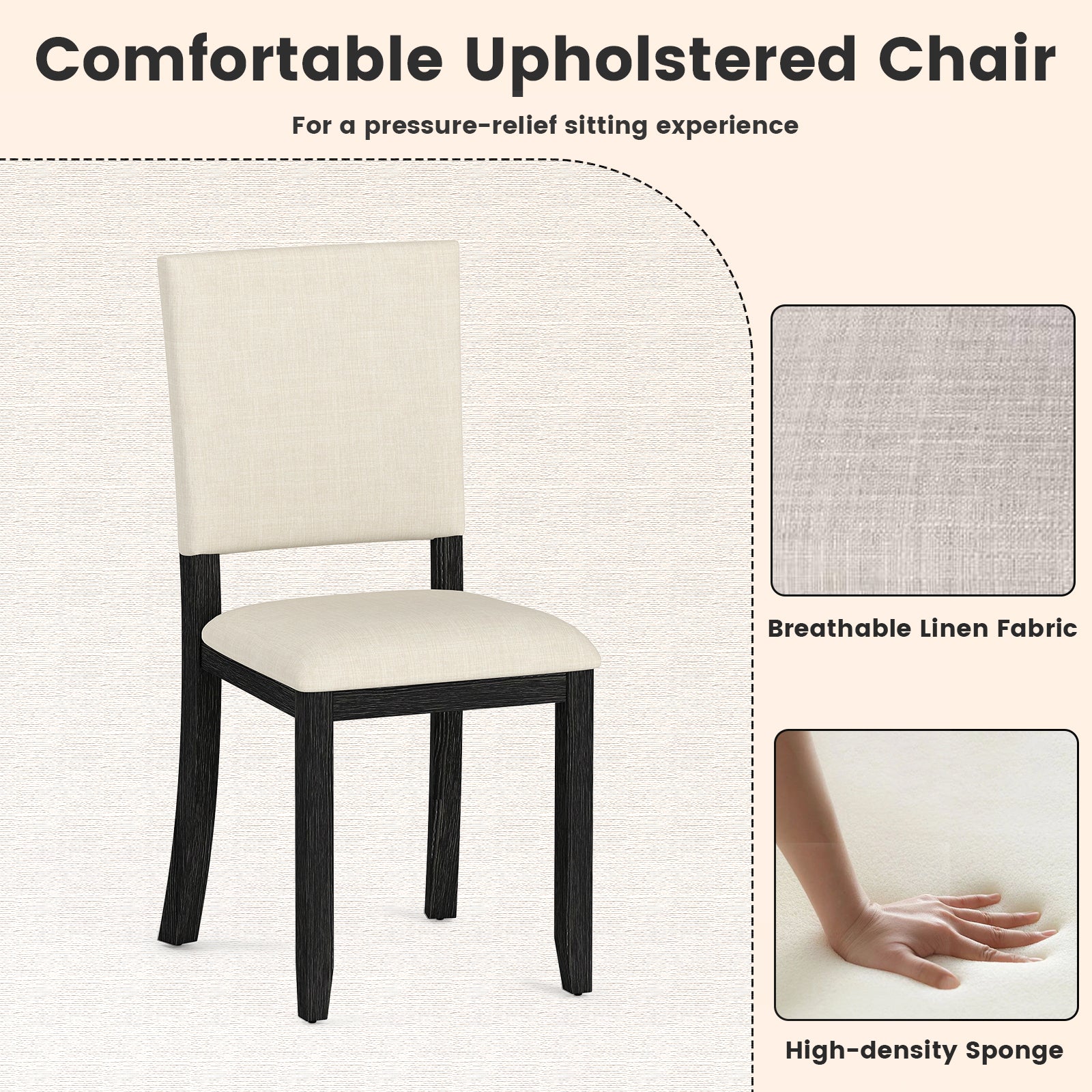 Upholstered Dining Chairs Set of 2 with Soft Padded Seat and Solid Wood Frame-Beige