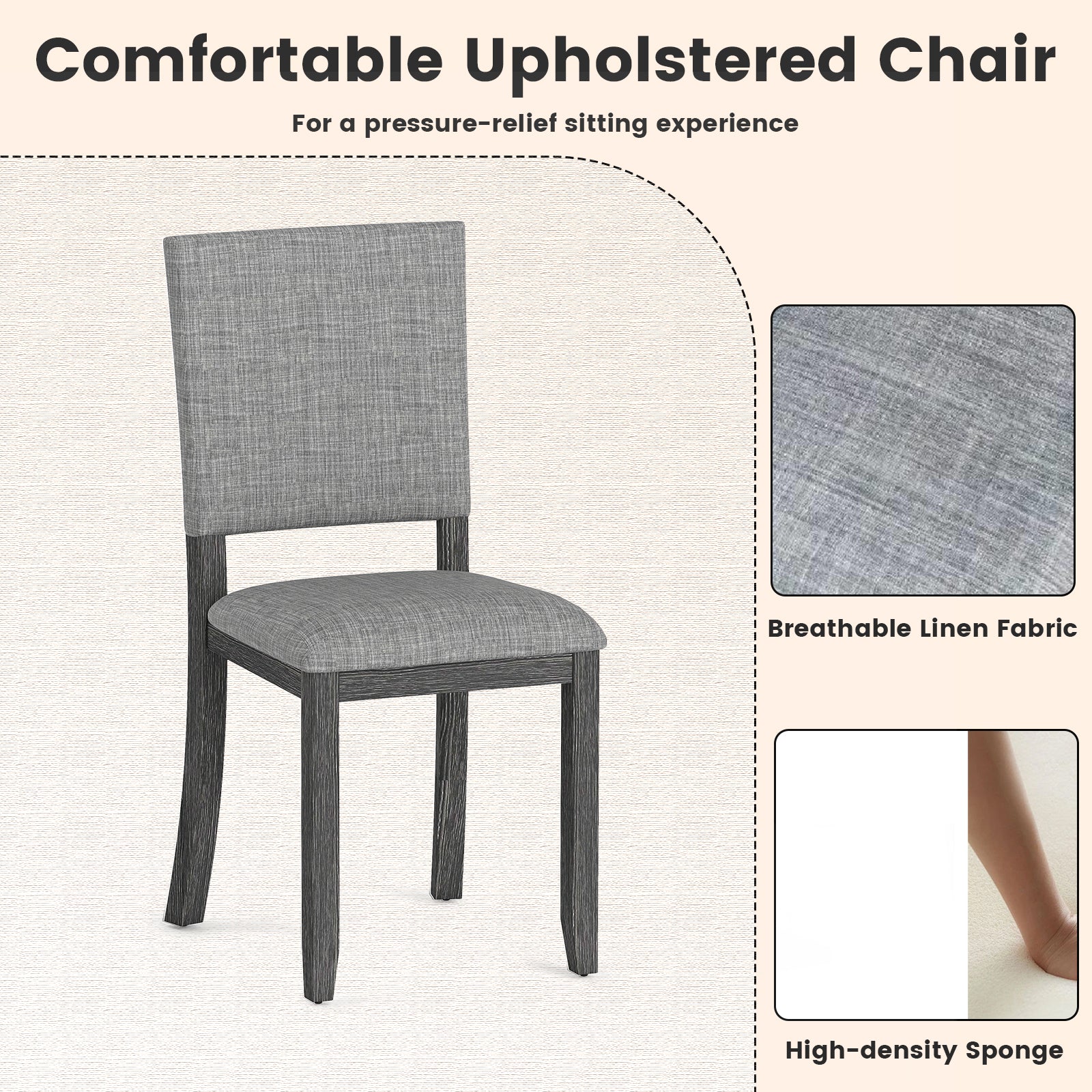 Upholstered Dining Chairs Set of 2 with Soft Padded Seat and Solid Wood Frame-Light Grey
