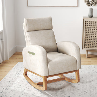 Upholstered Chenille Nursery Rocking Chair with Rubber Wood Frame-Beige