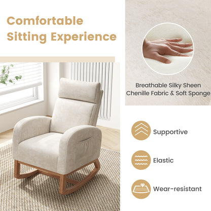Upholstered Chenille Nursery Rocking Chair with Rubber Wood Frame-Beige
