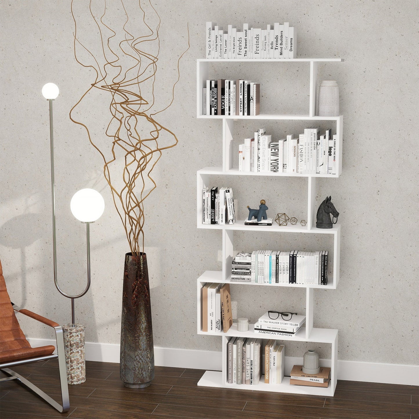 HOMCOM Bookcase, 6 Tier Shelf S Shaped Bookshelf, Storage Unit, Display Shelf for Living Room, Bedroom, Home Office, Plant, White