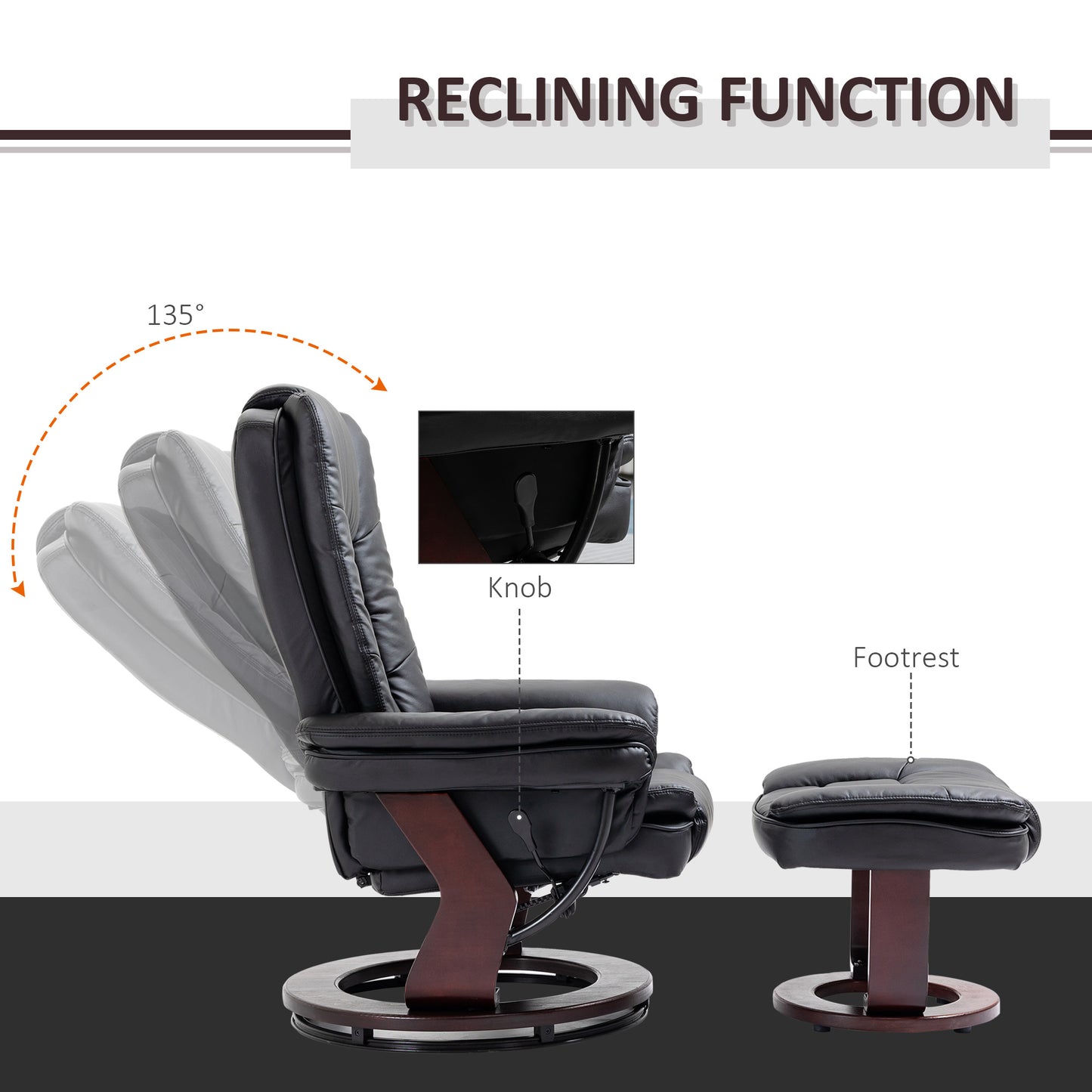 HOMCOM Recliner Chair With footstool, Recliner Armchair up to 130kg Weight Capacity, 135Â° Reclining Swivel Sofa Chair, PU Leather Ergonomic Couch Bed with Swivel Wood Base for Living Room, Black