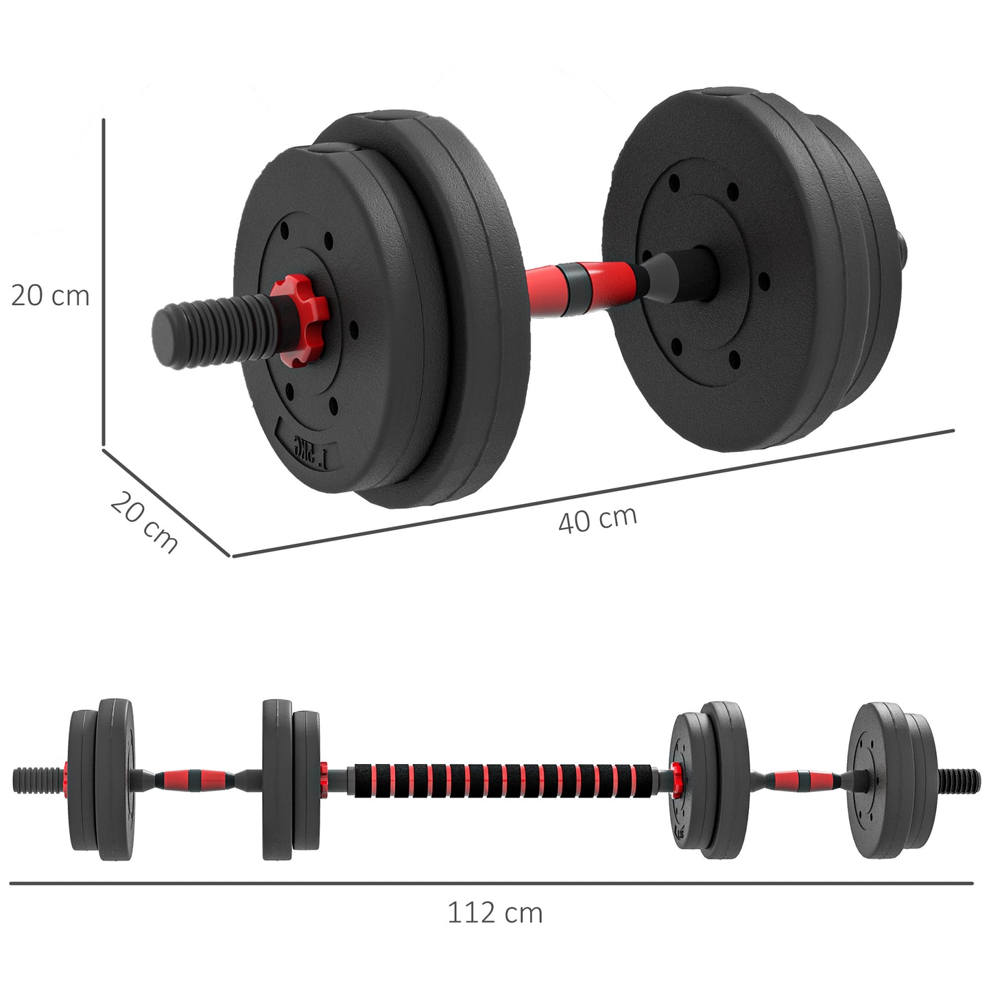 HOMCOM 15kg 2 in 1 Adjustable Dumbbells Weight Set, Dumbbell Hand Weight Barbell for Weight Training, Black