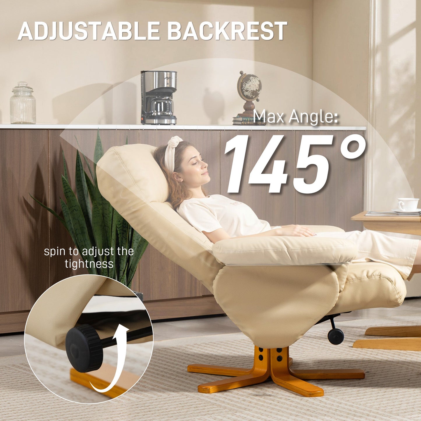 HOMCOM PU Leather Swivel Recliner Chair with Footstool, Wooden Base and Storage for Living Room, Beige