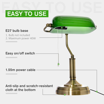 HOMCOM Banker's Table Lamps Set of 2, Desk Lamps with Antique Bronze Tone Base, Green Glass Shade and Pull Rope Switch for Home Office, Living Room, Bedroom, Dining Room, Green