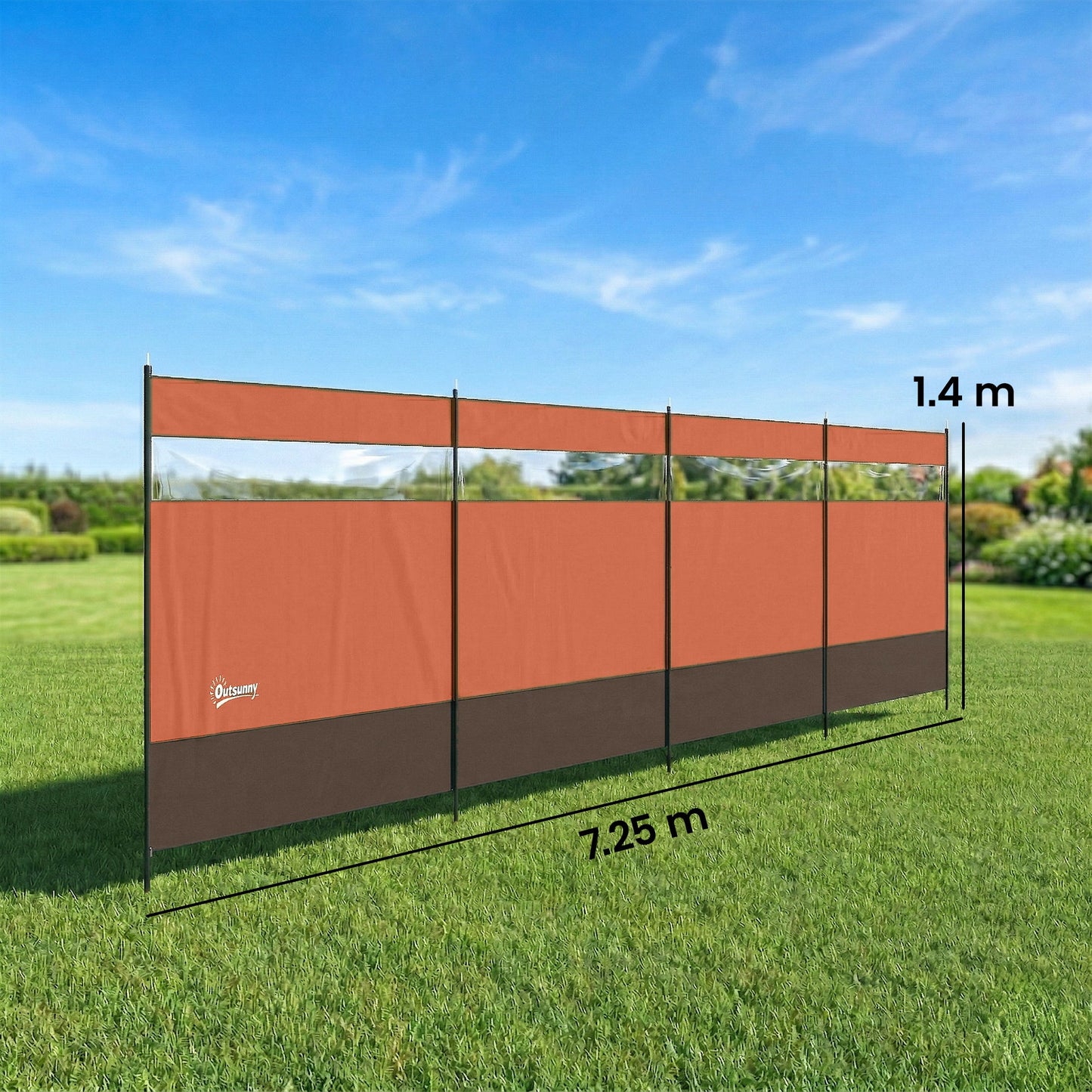 Outsunny Camping Windbreaker with Clear Windows and Steel Poles, for Beach Caravan Campervan, 725 x 140cm, Orange