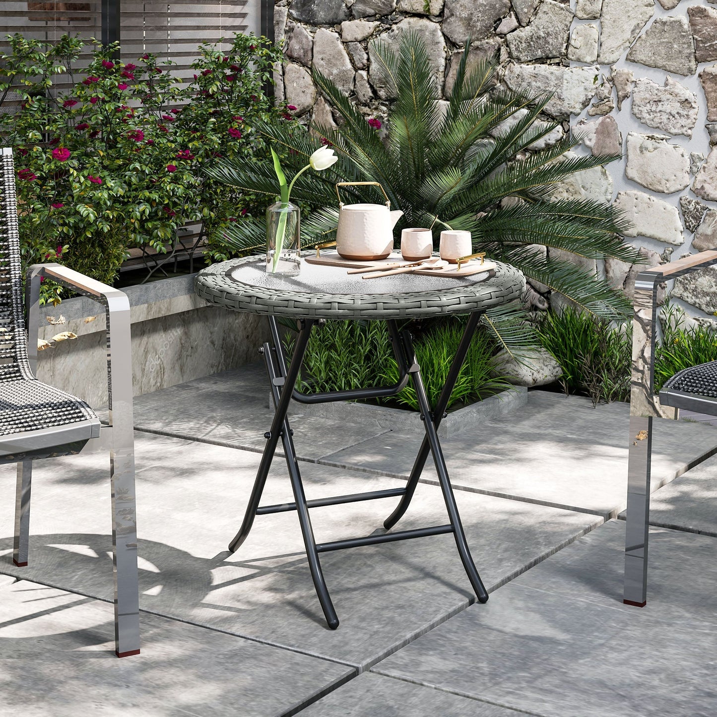 Outsunny Folding Rattan Garden Dining Table, 68 cm Round Rattan Garden Table with Water Ripple Tempered Glass Top, Wicker Edging and Steel Frame for Outdoor, Patio, Grey