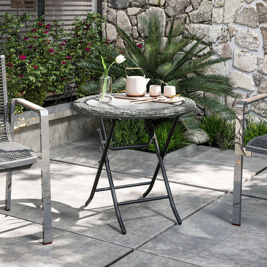Outsunny Folding Rattan Garden Dining Table, 68 cm Round Rattan Garden Table with Water Ripple Tempered Glass Top, Wicker Edging and Steel Frame for Outdoor, Patio, Grey