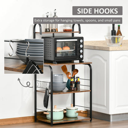HOMCOM 4-Tier Baker's Rack, Microwave Stand with 4 Hooks, Kitchen Storage Unit for Spices, Pots and Pans, Rustic Brown