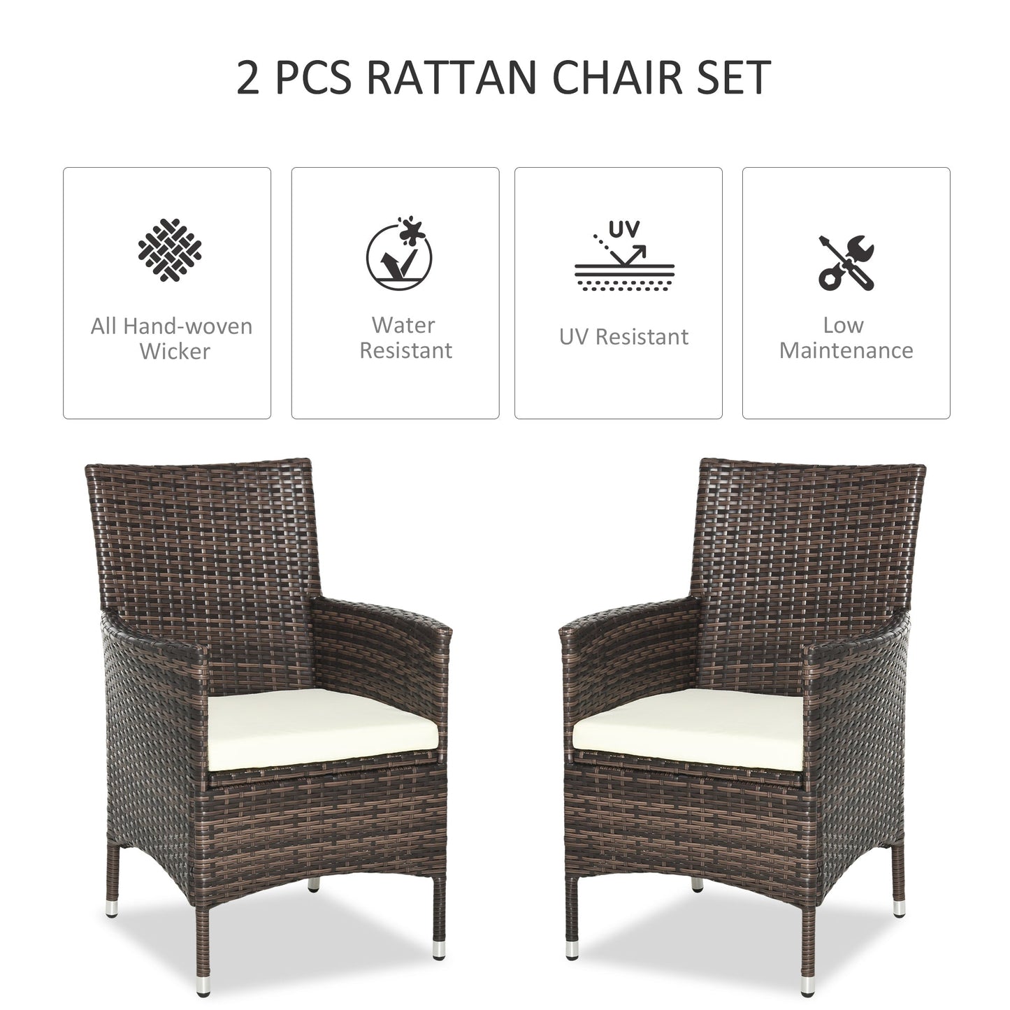 Outsunny 2 PC Outdoor Rattan Armchair Dining Chair Garden Patio Furniture w/ Armrests Cushions Mixed Brown
