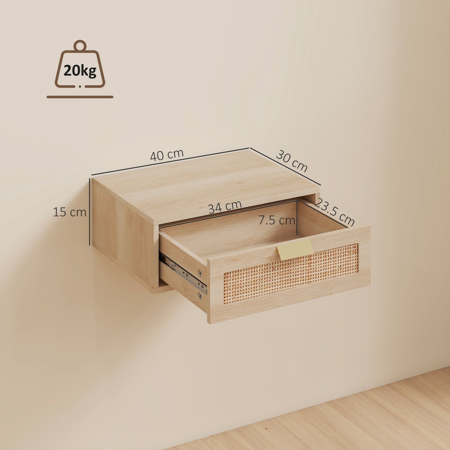 HOMCOM Floating Bedside Tables Set of 2, Wall Mounted Bedside Cabinets with Rattan Drawer and Wood Effect, Oak