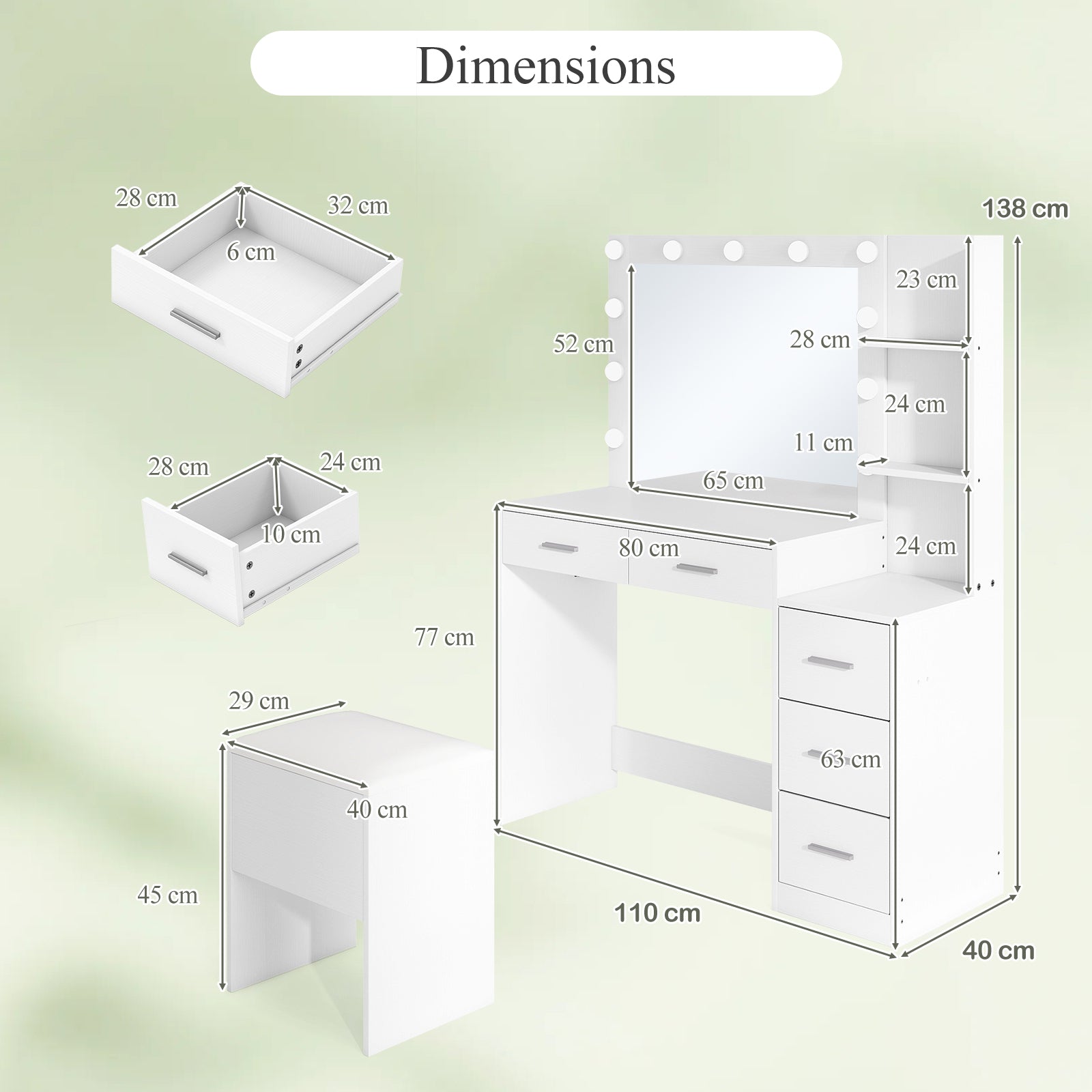 Vanity Desk with Mirror and Lights 5 Drawers Makeup Table Set with Storage Stool-White