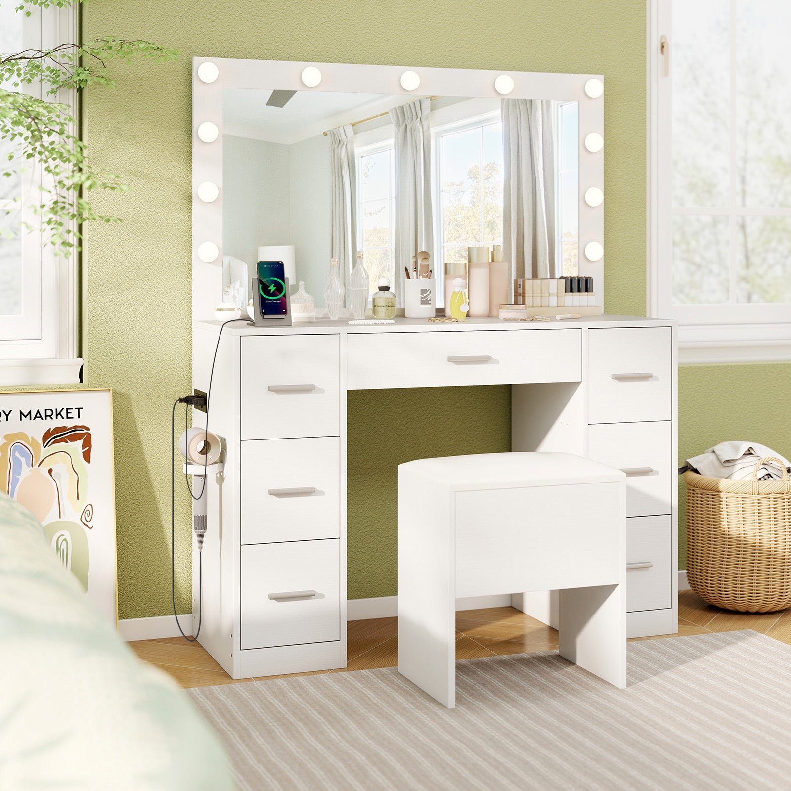 Vanity Desk with Mirror and Lights Makeup Table Set with Storage Stool-White
