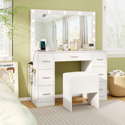 Vanity Desk with Mirror and Lights Makeup Table Set with Storage Stool-White