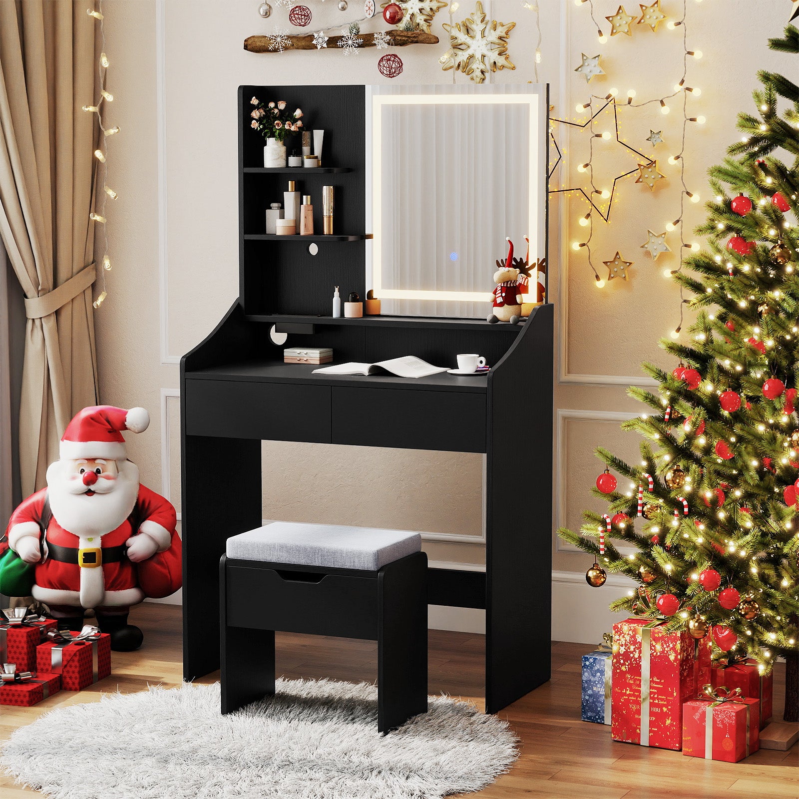 Vanity Desk Set with Built-in Charging Station and Storage Drawers-Black