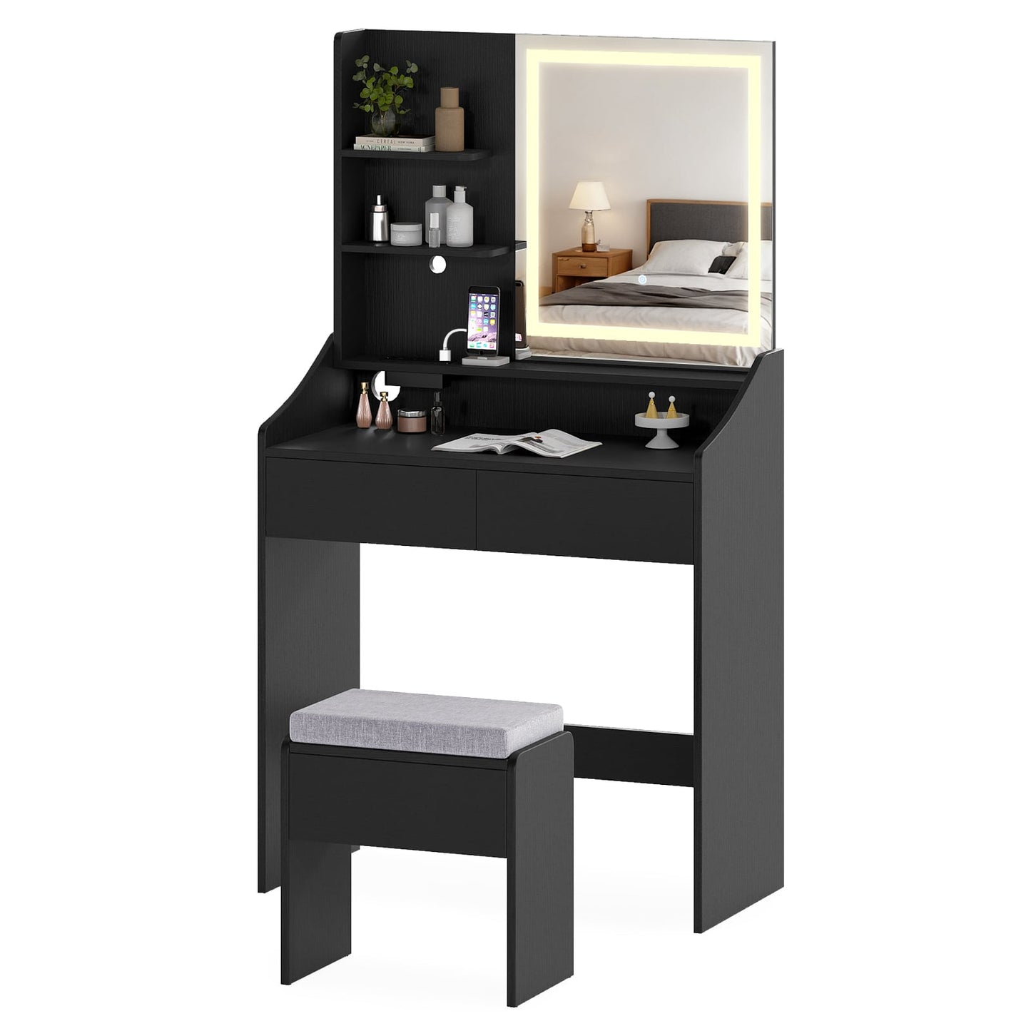Vanity Desk Set with Built-in Charging Station and Storage Drawers-Black