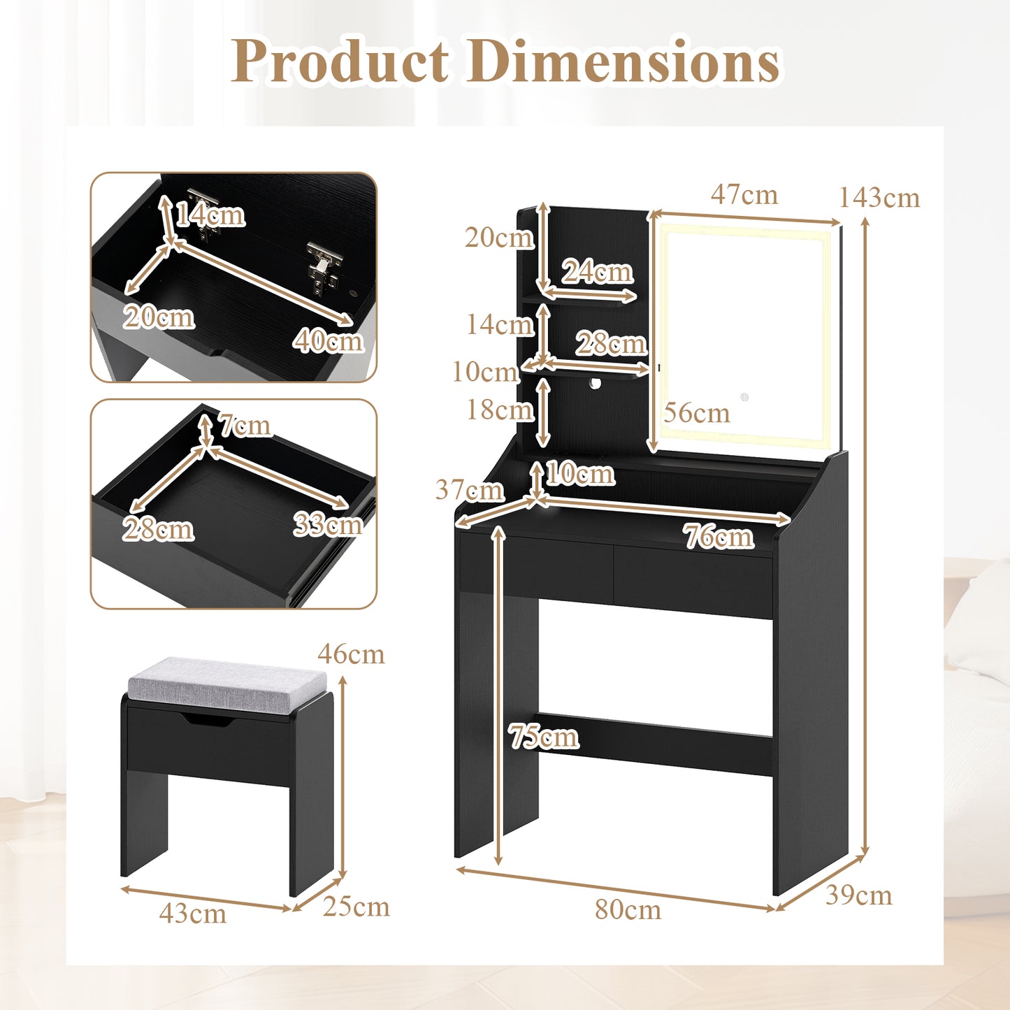 Vanity Desk Set with Built-in Charging Station and Storage Drawers-Black